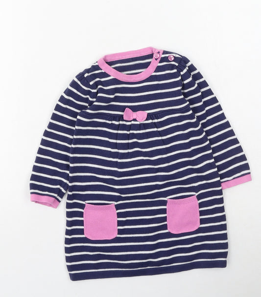 Front view of George girls’ blue striped cotton jacket dress, size 9-12, months round neck