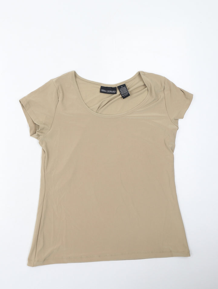Nina Leonard Womens Brown Polyester Basic T-Shirt Size M Round Neck
