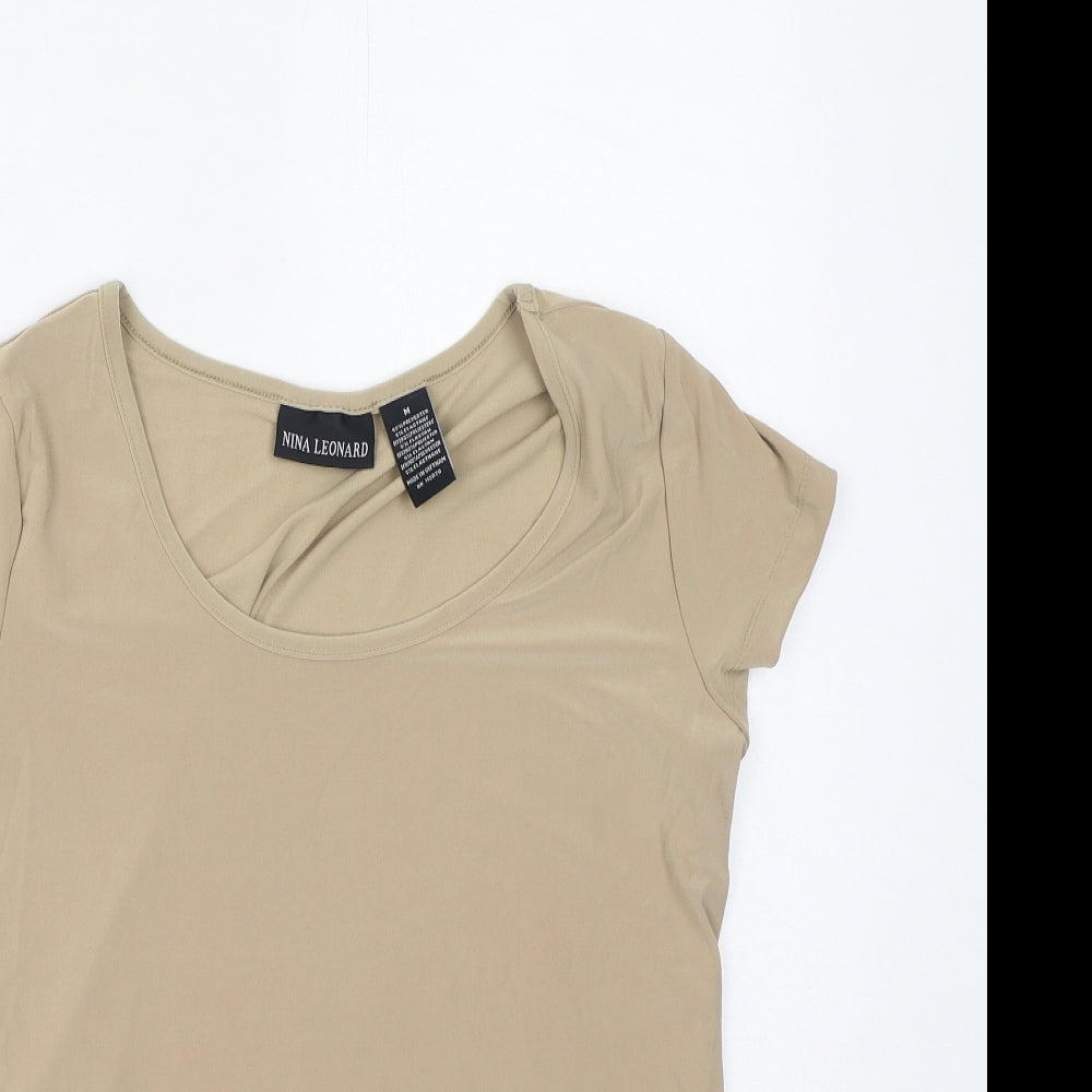 Nina Leonard Womens Brown  Polyester Basic T-Shirt Size M Round Neck