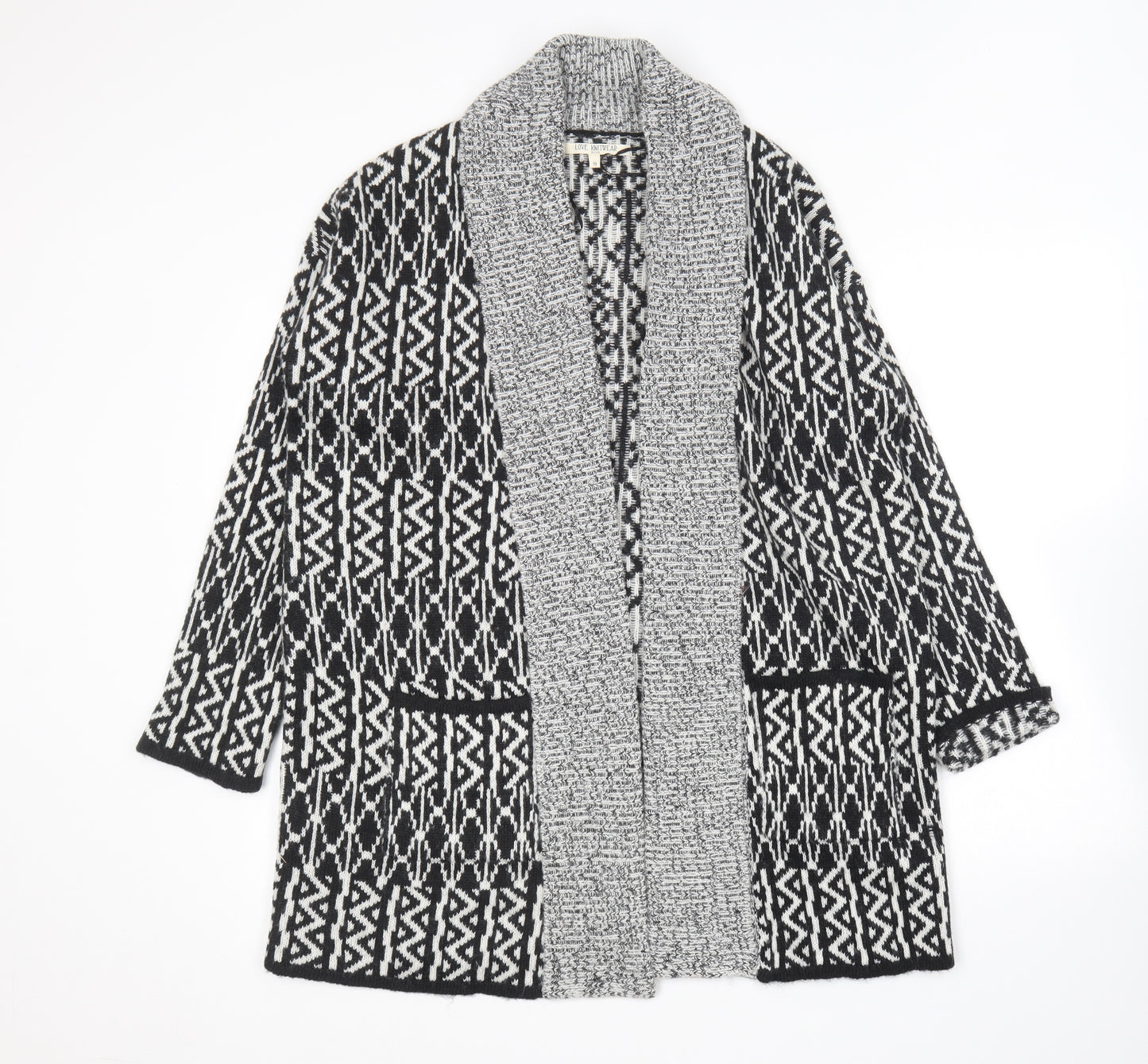 Love Knitwear  Womens Black V-Neck Geometric Acrylic Cardigan Jumper Size M