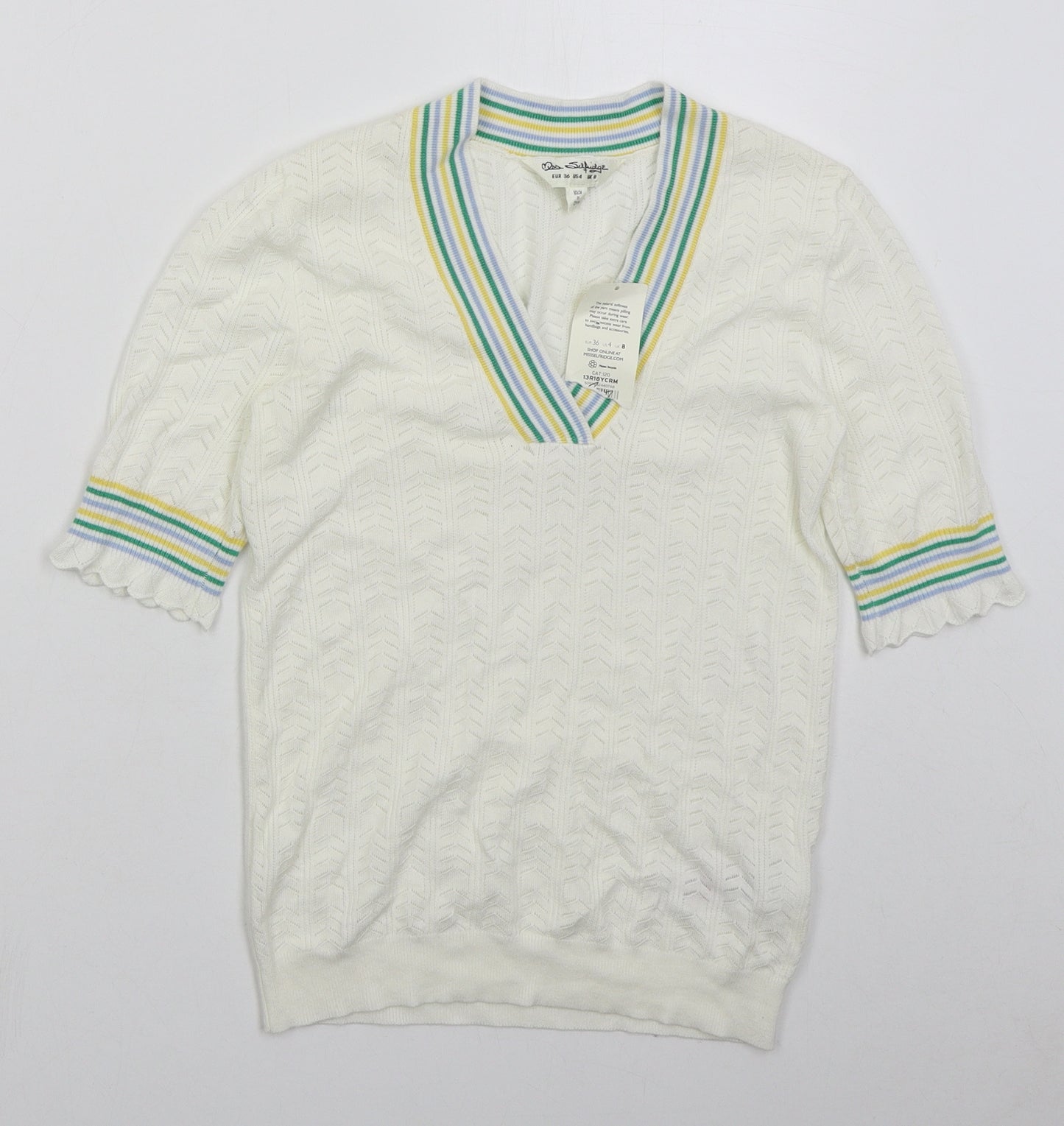 Miss Selfridge Womens White V-Neck Striped Viscose Pullover Jumper Size 8