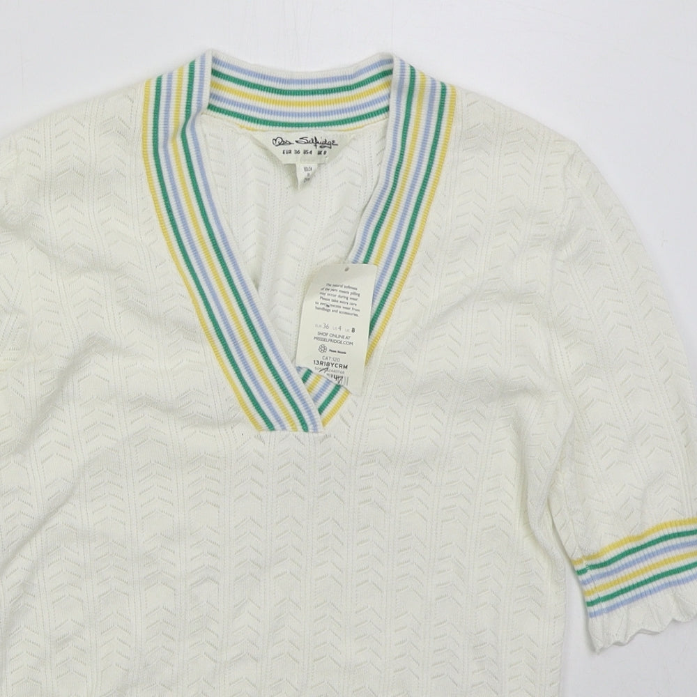 Miss Selfridge Womens White V-Neck Striped Viscose Pullover Jumper Size 8