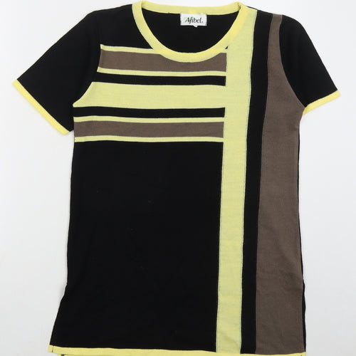 Afibel Womens Black Crew Neck Striped Acrylic Pullover Jumper Size 10   - Yellow