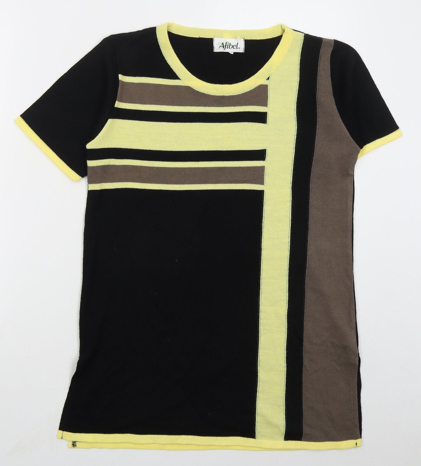 Afibel Womens Black Crew Neck Striped Acrylic Pullover Jumper Size 10   - Yellow