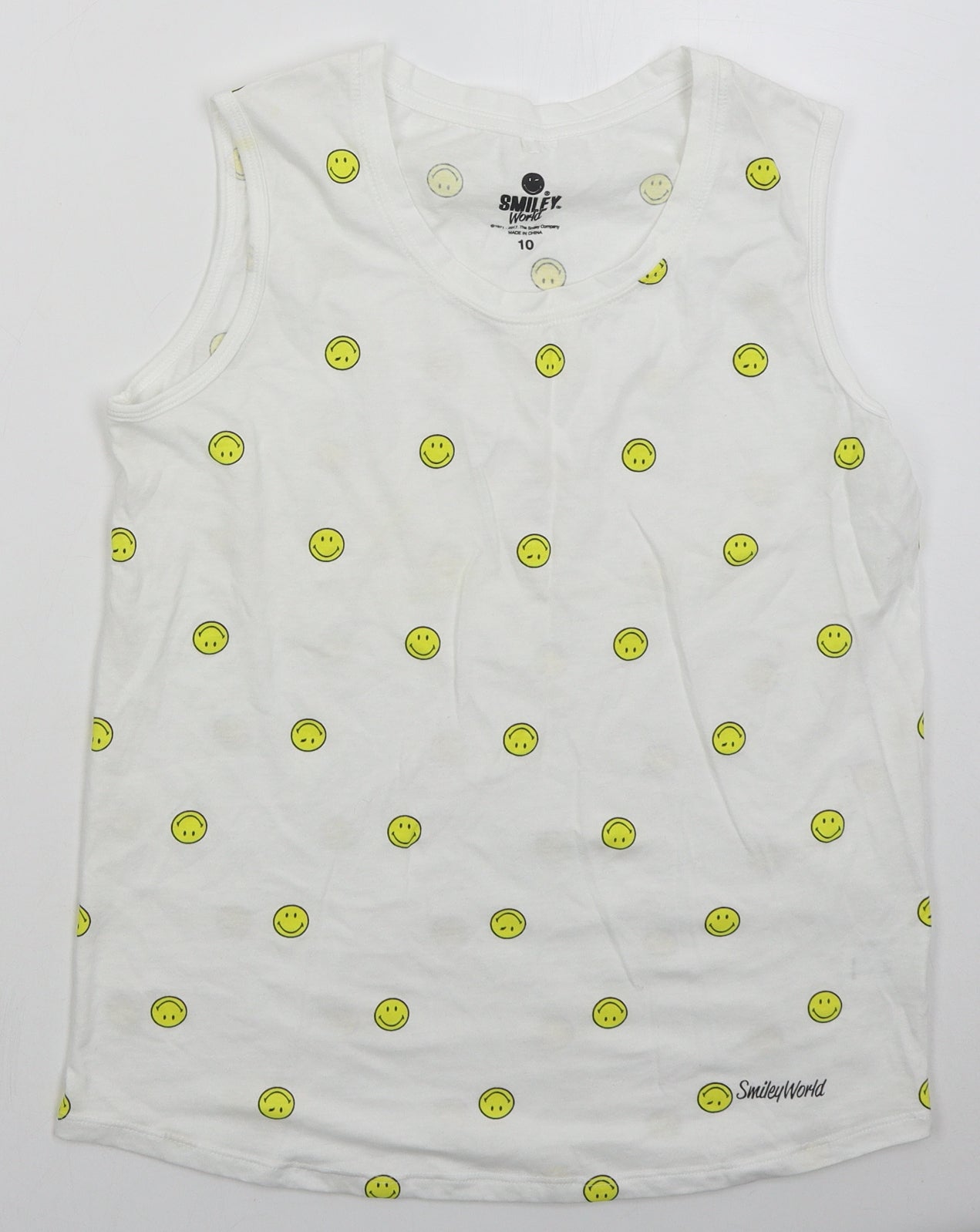 Smiley World Womens White  Cotton Basic Tank Size 10 Crew Neck - Smiley Face