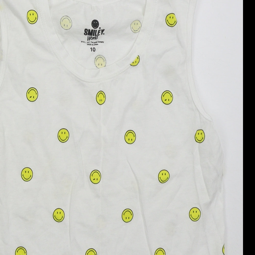 Smiley World Womens White  Cotton Basic Tank Size 10 Crew Neck - Smiley Face