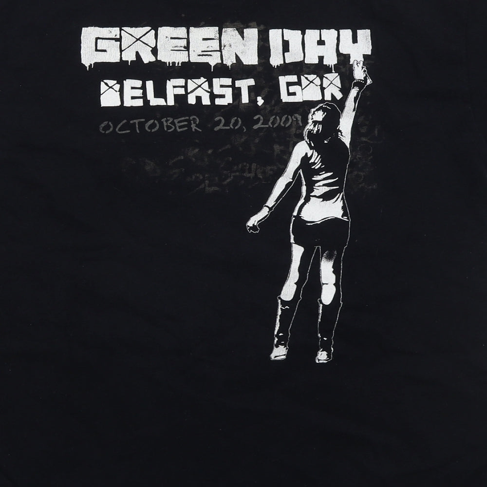 Fruit of the Loom Mens Black  Cotton  T-Shirt Size M Crew Neck  - Green Day
