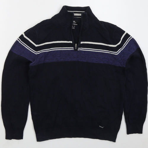 Threadbare Mens Blue High Neck Striped Cotton Pullover Jumper Size M