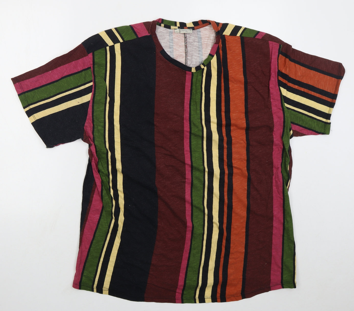 Zara Womens Multicoloured Striped Cotton Basic T-Shirt Size L Crew Neck