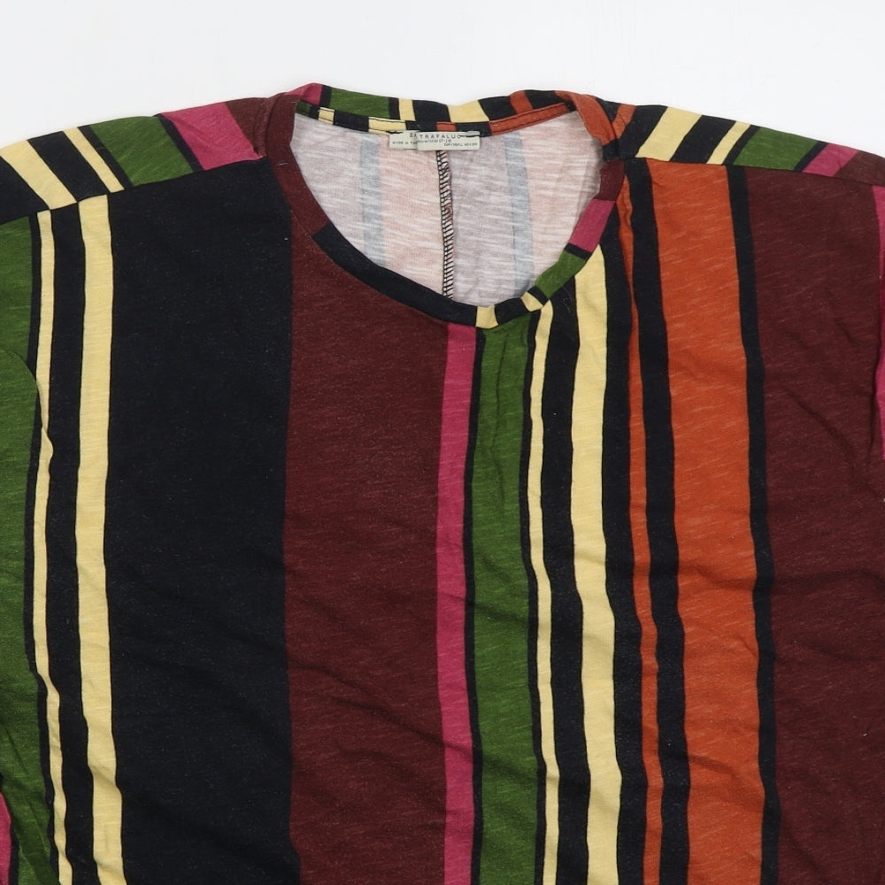 Zara Womens Multicoloured Striped Cotton Basic T-Shirt Size L Crew Neck