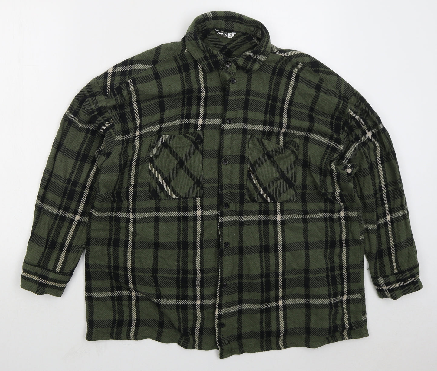 Pep&Co Womens Green Check Cotton Basic Button-Up Size 16 Collared