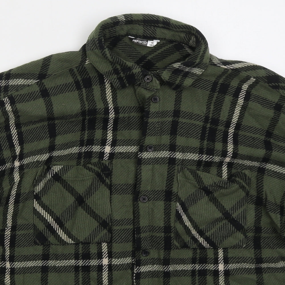 Pep&Co Womens Green Check Cotton Basic Button-Up Size 16 Collared