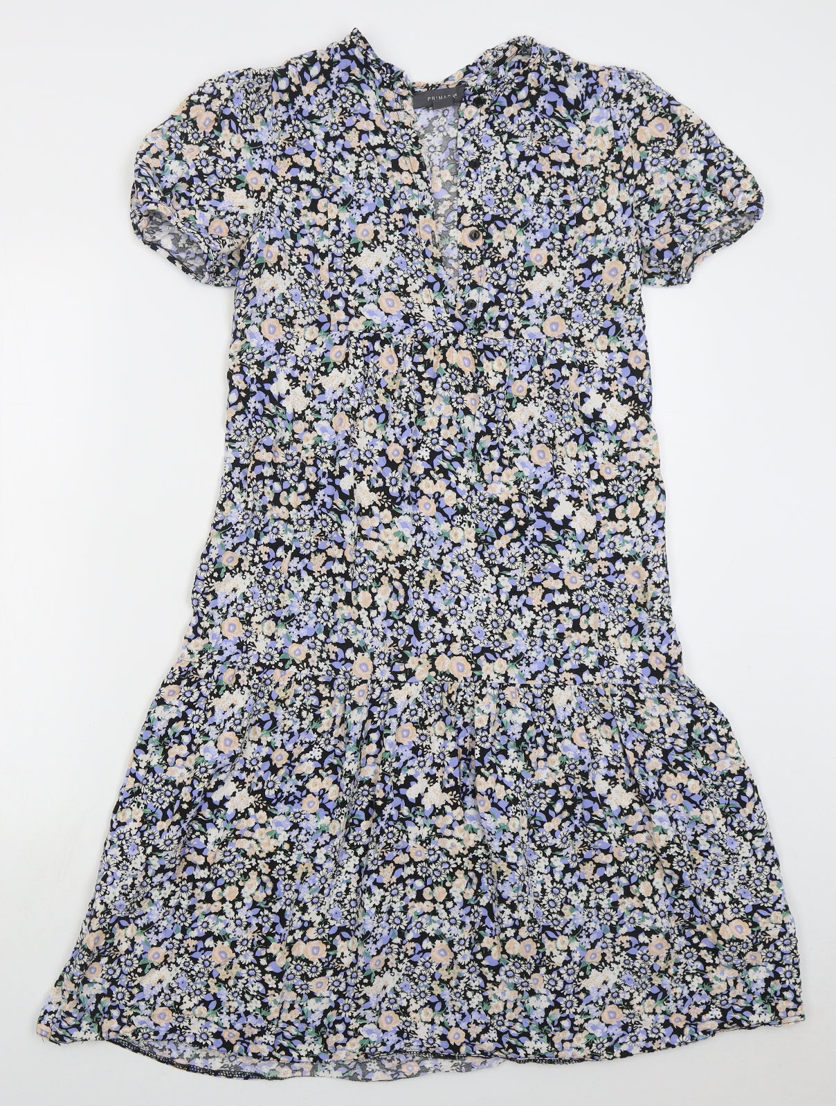 Primark Womens Blue Floral Viscose A-Line  Size 6  V-Neck Button