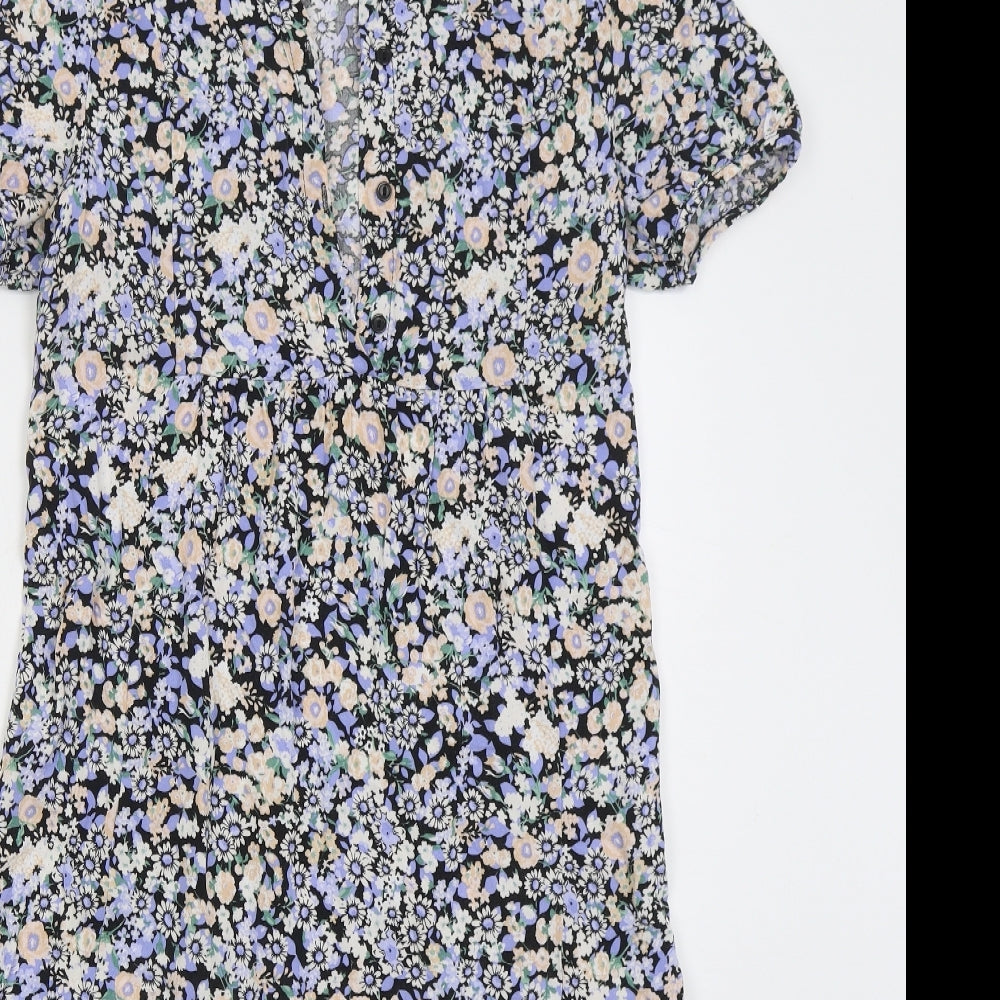 Primark Womens Blue Floral Viscose A-Line  Size 6  V-Neck Button