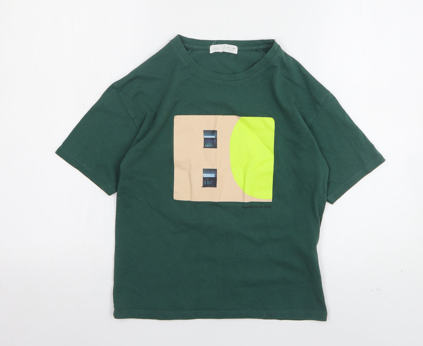 Zara Boys Green  Cotton Basic T-Shirt Size 8 Years Round Neck