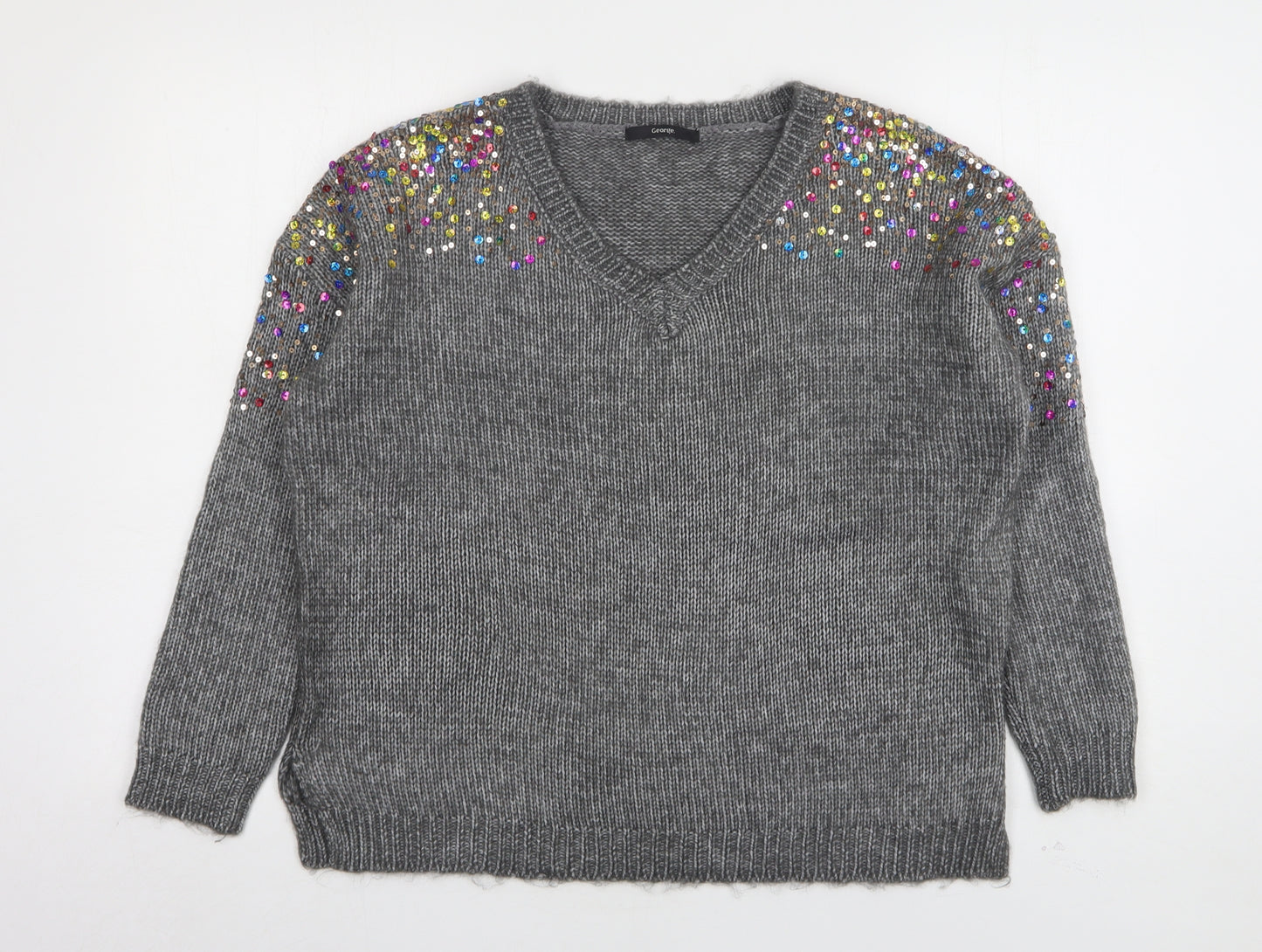 George Womens Grey V-Neck  Polyester Pullover Jumper Size S