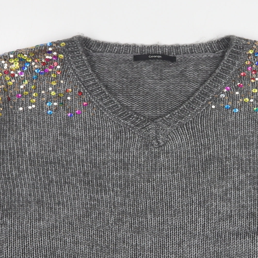 George Womens Grey V-Neck  Polyester Pullover Jumper Size S