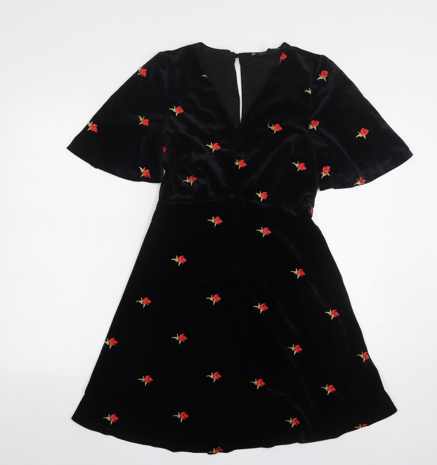 New Look Womens Black Floral Polyester A-Line  Size 8  V-Neck