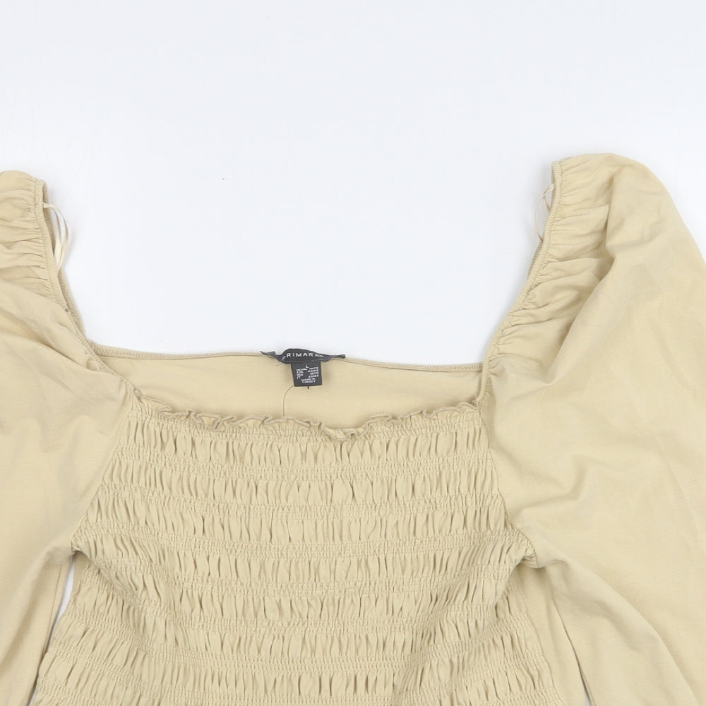 Primark Womens Beige Striped Cotton Basic Blouse Size 14 Square Neck