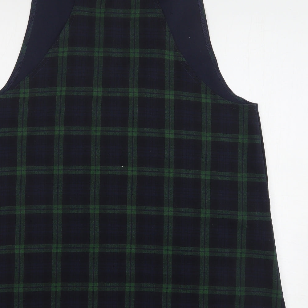 New Look Womens Green Plaid Polyester Pinafore/Dungaree Dress  Size 16  Square Neck