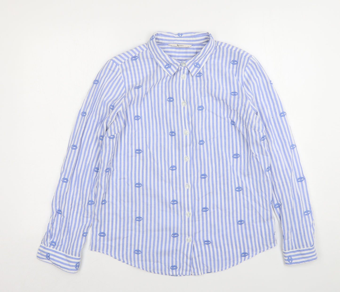 TU Womens Blue Striped Cotton Basic Button-Up Size 10 Collared