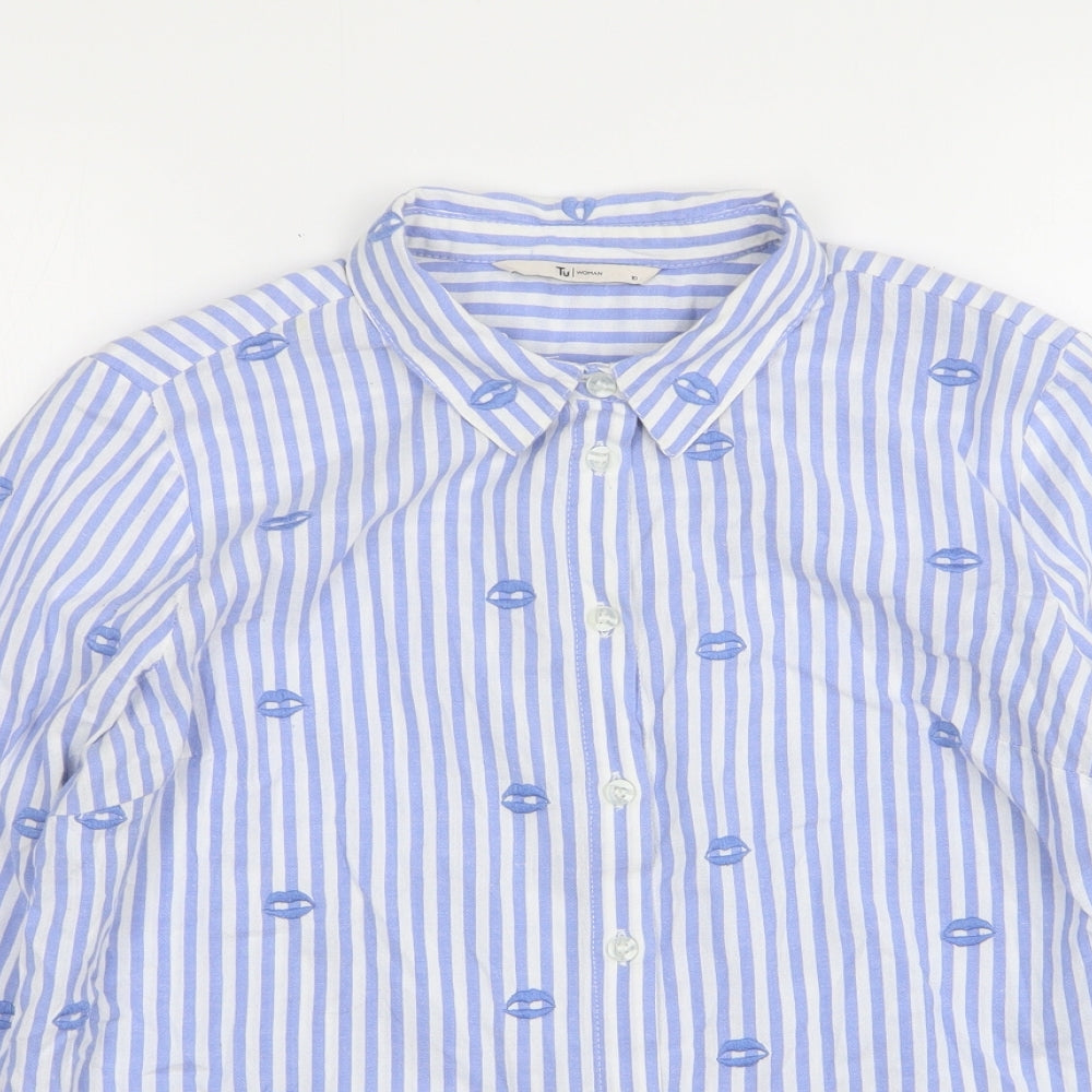TU Womens Blue Striped Cotton Basic Button-Up Size 10 Collared