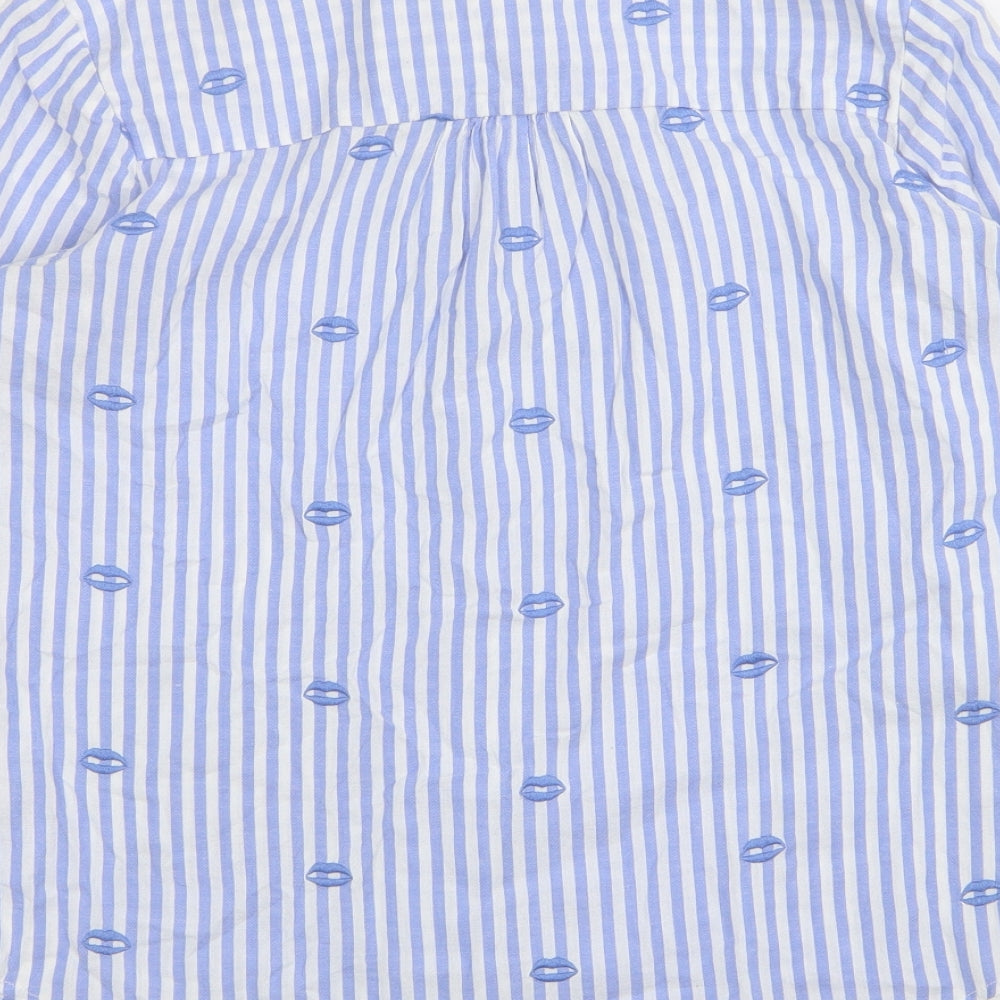 TU Womens Blue Striped Cotton Basic Button-Up Size 10 Collared