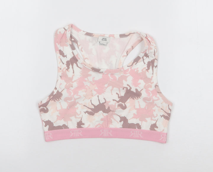 River Island Girls Pink Geometric Cotton Cropped Tank Size 11-12 Years Round Neck Pullover - Unicorn