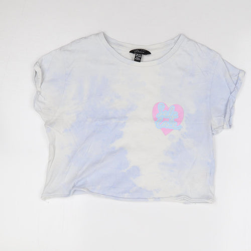 New Look  Girls Blue Geometric 100% Cotton Cropped T-Shirt Size 12-13 Years Crew Neck Pullover