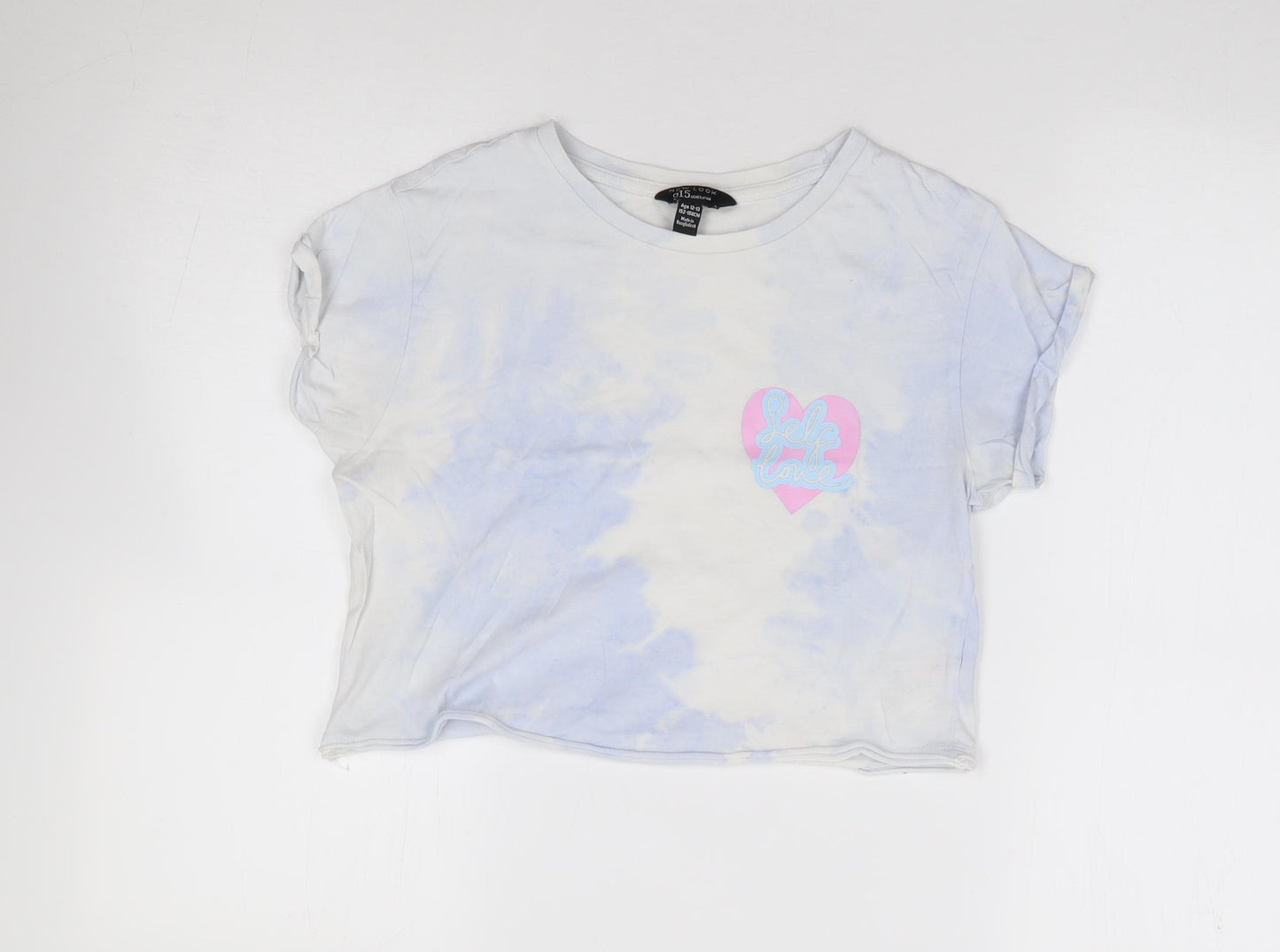 New Look  Girls Blue Geometric 100% Cotton Cropped T-Shirt Size 12-13 Years Crew Neck Pullover