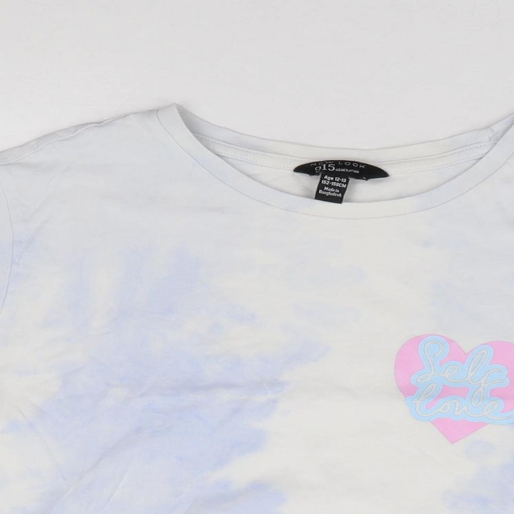 New Look  Girls Blue Geometric 100% Cotton Cropped T-Shirt Size 12-13 Years Crew Neck Pullover