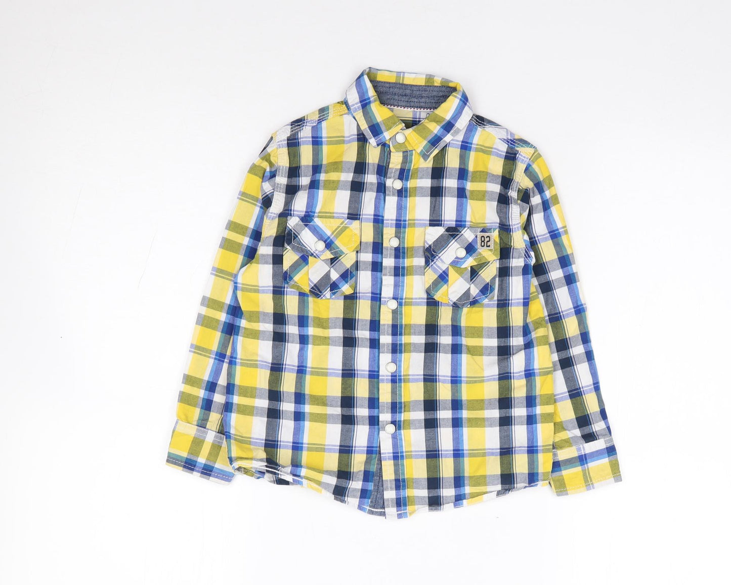 Dunnes Boys Yellow Plaid 100% Cotton Jersey Button-Up Size 4 Years Collared Snap