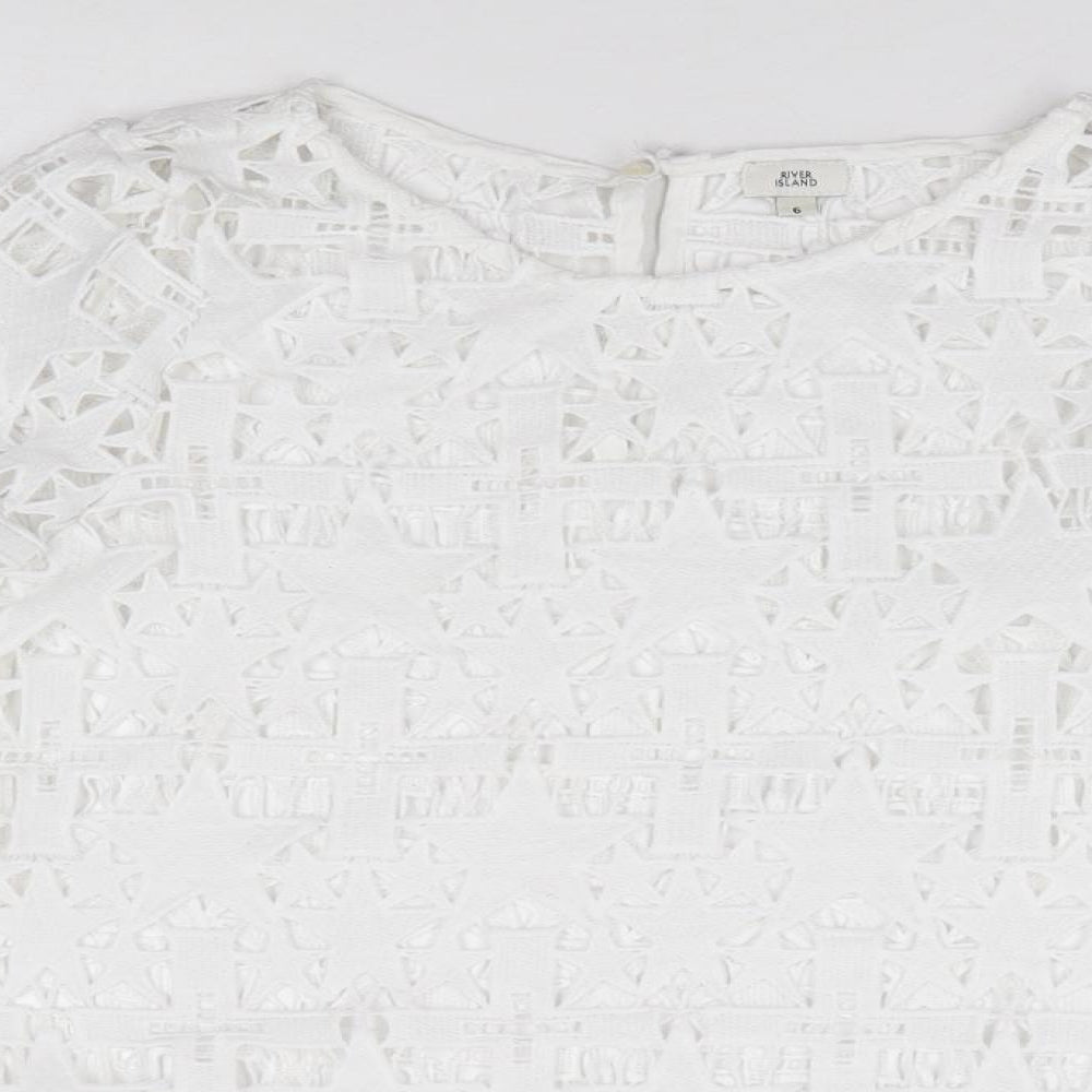 River Island Womens Ivory Geometric Polyester Jersey T-Shirt Size 6 Round Neck