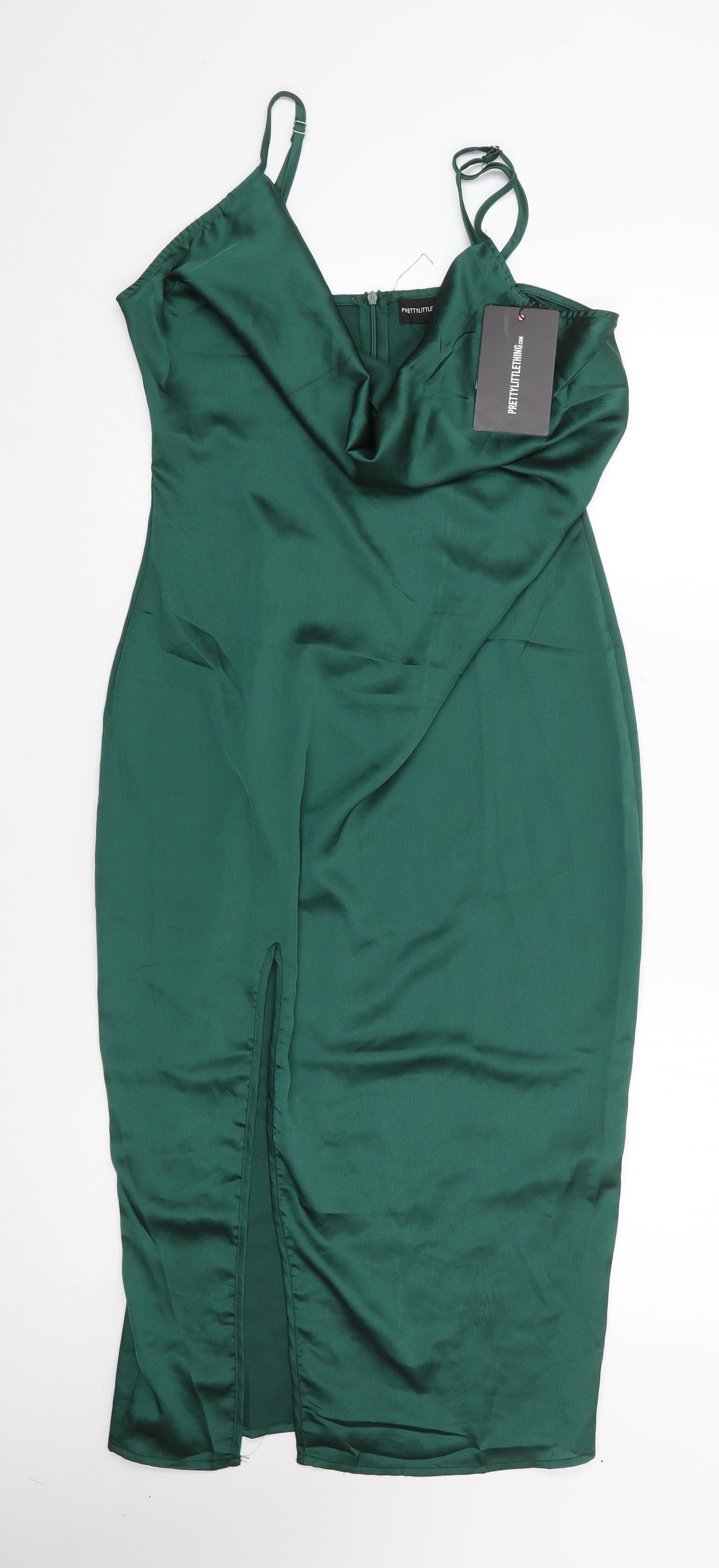 Pretty little Thing Womens Green  Polyester Slip Dress  Size 12  Cowl Neck Zip