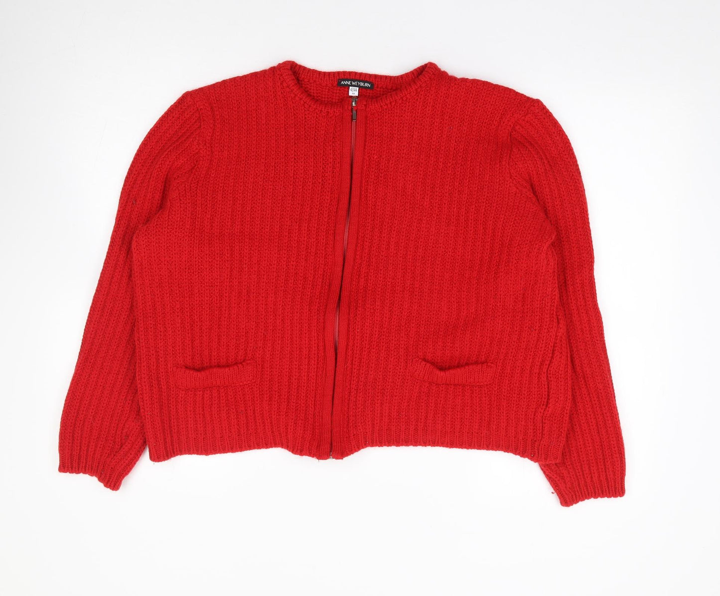 ANNE WEYBURN Womens Red Round Neck  Acrylic Full Zip Jumper Size 14