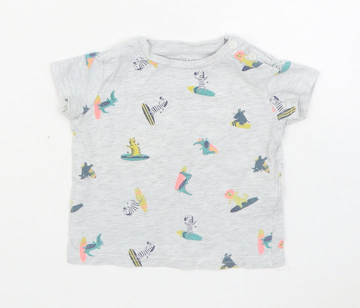 Inextenso Boys Grey Geometric Cotton Basic T-Shirt Size 6-9 Months Round Neck Pullover
