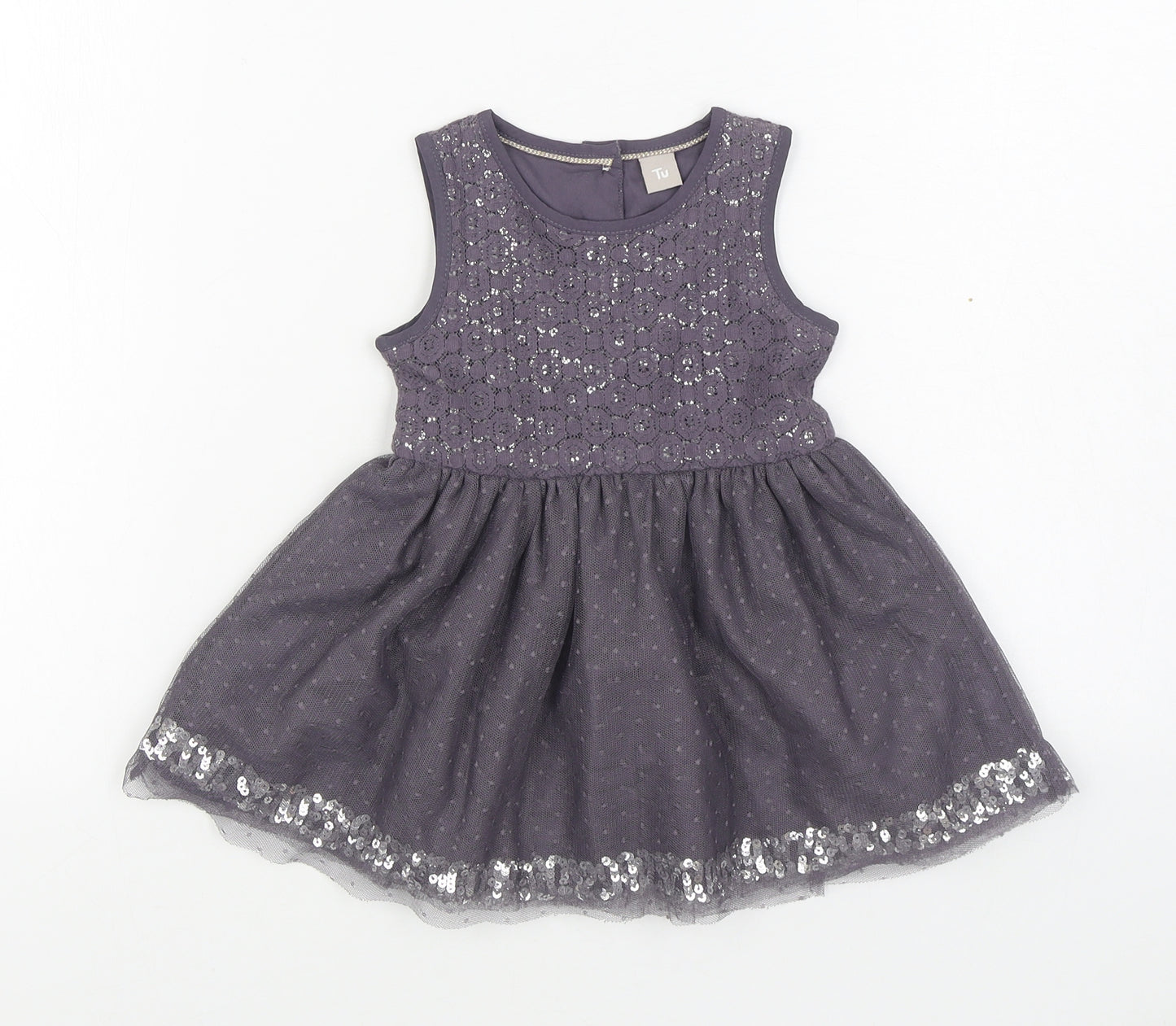 TU Girls Purple  Cotton Skater Dress  Size 12-18 Months  Round Neck Button