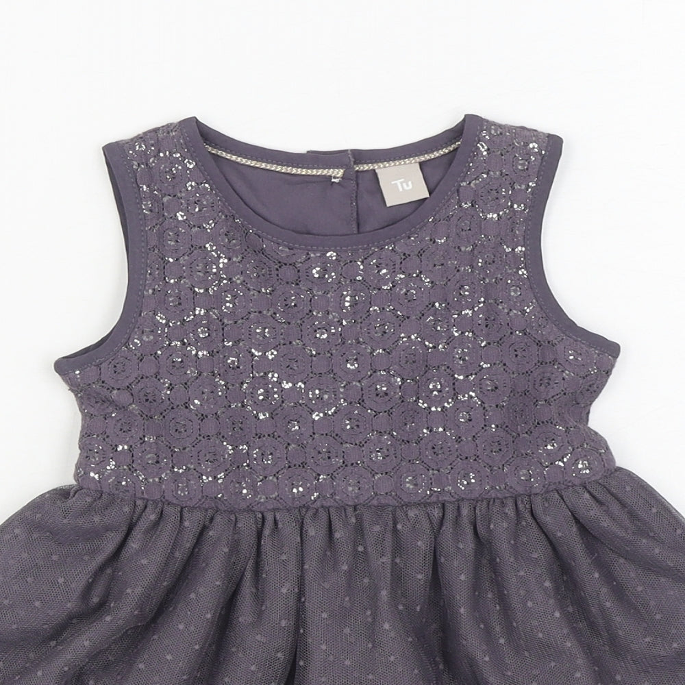TU Girls Purple  Cotton Skater Dress  Size 12-18 Months  Round Neck Button