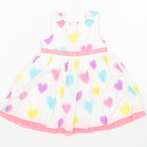 Marks and Spencer Girls White Geometric 100% Cotton Skater Dress  Size 3-6 Months  Round Neck Button