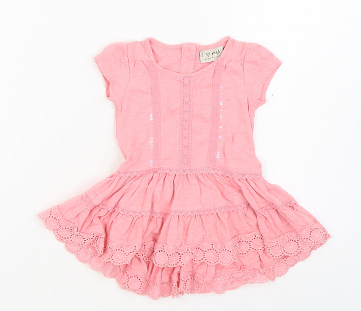 NEXT Girls Pink  100% Cotton Skater Dress  Size 3-6 Months  Round Neck Button