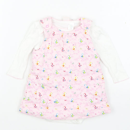 Mini Club Girls Pink Geometric Cotton Pinafore/Dungaree Dress  Size 3-6 Months  Round Neck Button - 2 Piece set