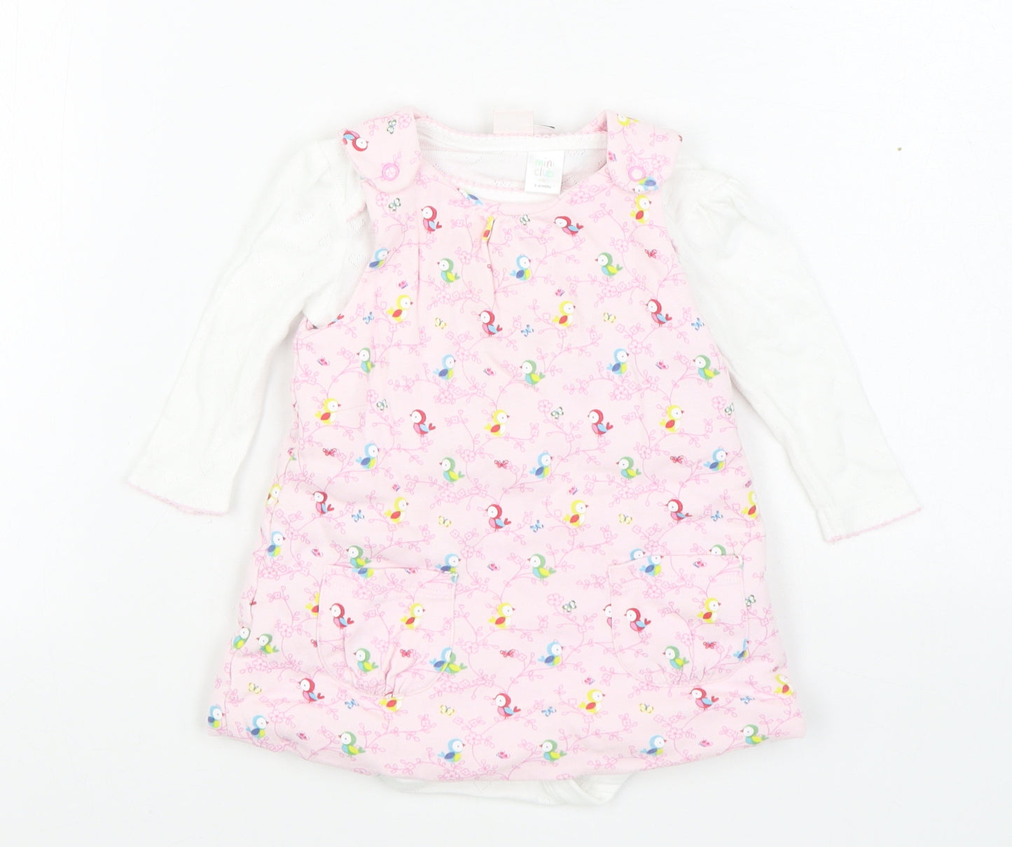 Mini Club Girls Pink Geometric Cotton Pinafore/Dungaree Dress  Size 3-6 Months  Round Neck Button - 2 Piece set