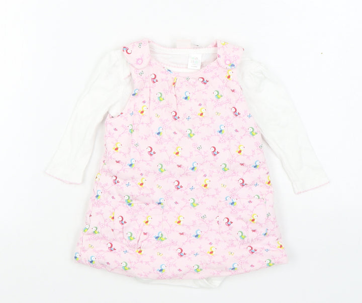 Mini Club Girls Pink Geometric Cotton Pinafore/Dungaree Dress  Size 3-6 Months  Round Neck Button - 2 Piece set