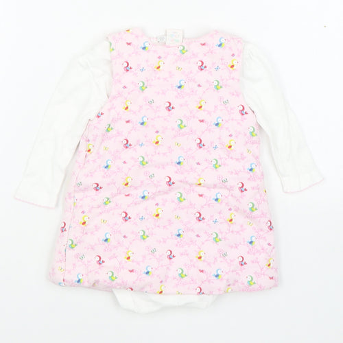 Mini Club Girls Pink Geometric Cotton Pinafore/Dungaree Dress  Size 3-6 Months  Round Neck Button - 2 Piece set