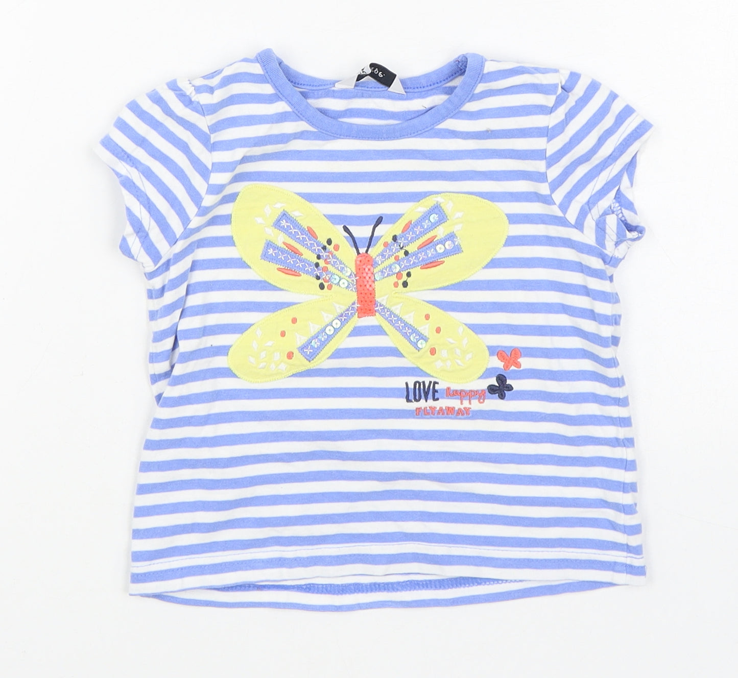 NEXT Girls Blue Striped 100% Cotton Basic T-Shirt Size 2-3 Years Round Neck Pullover