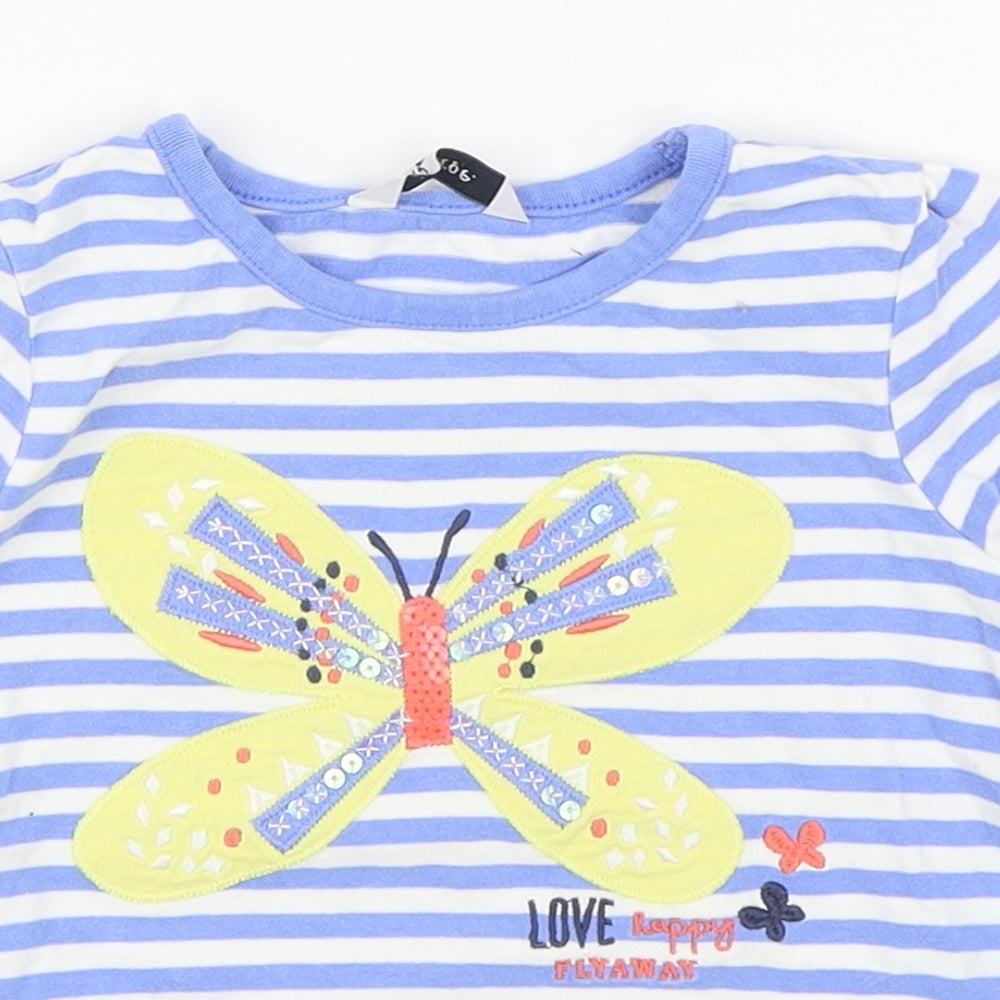 NEXT Girls Blue Striped 100% Cotton Basic T-Shirt Size 2-3 Years Round Neck Pullover