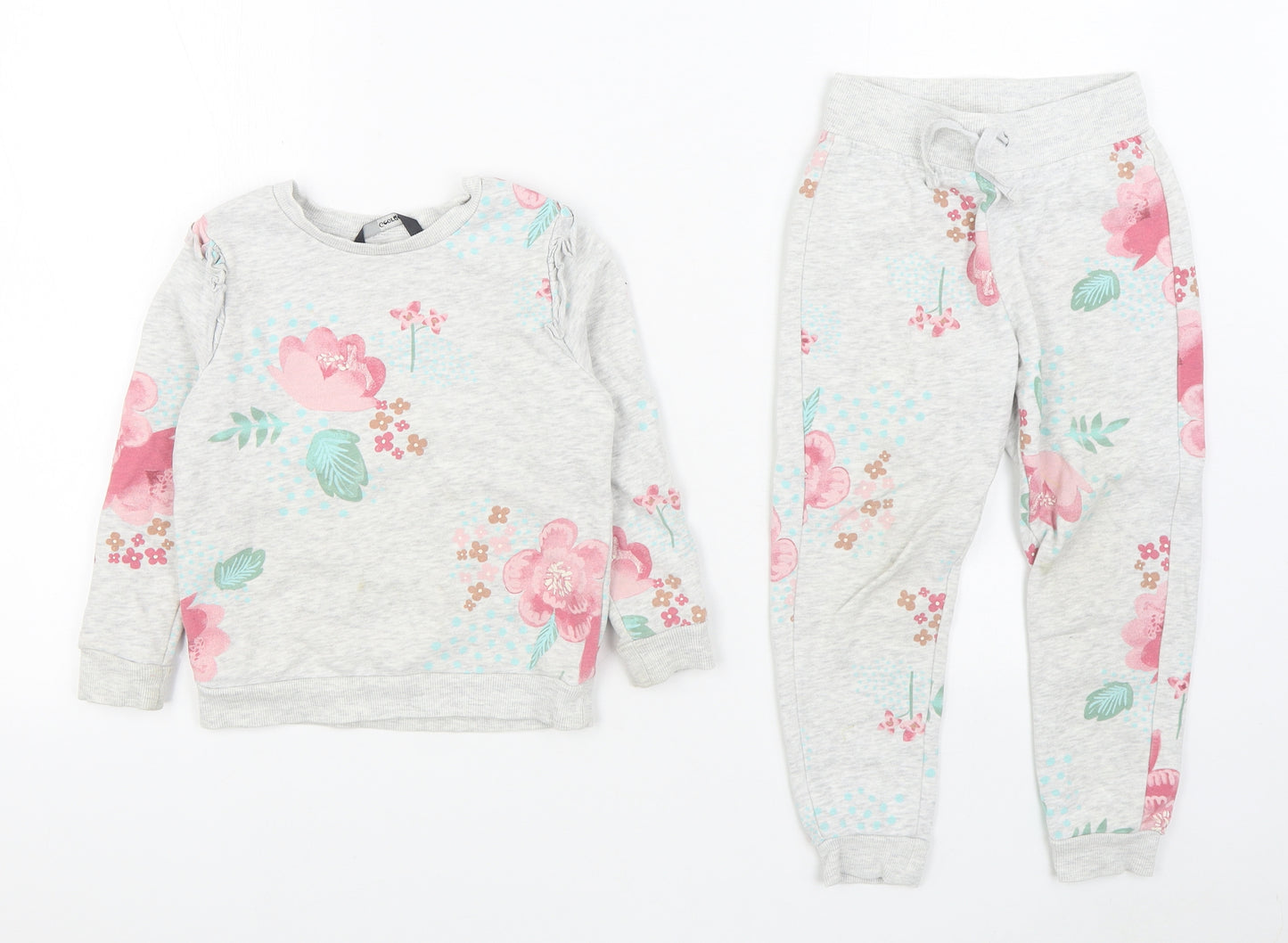 George Girls Grey Floral Cotton Trousers Outfit/Set Size 3-4 Years  Pullover - Sweat Set