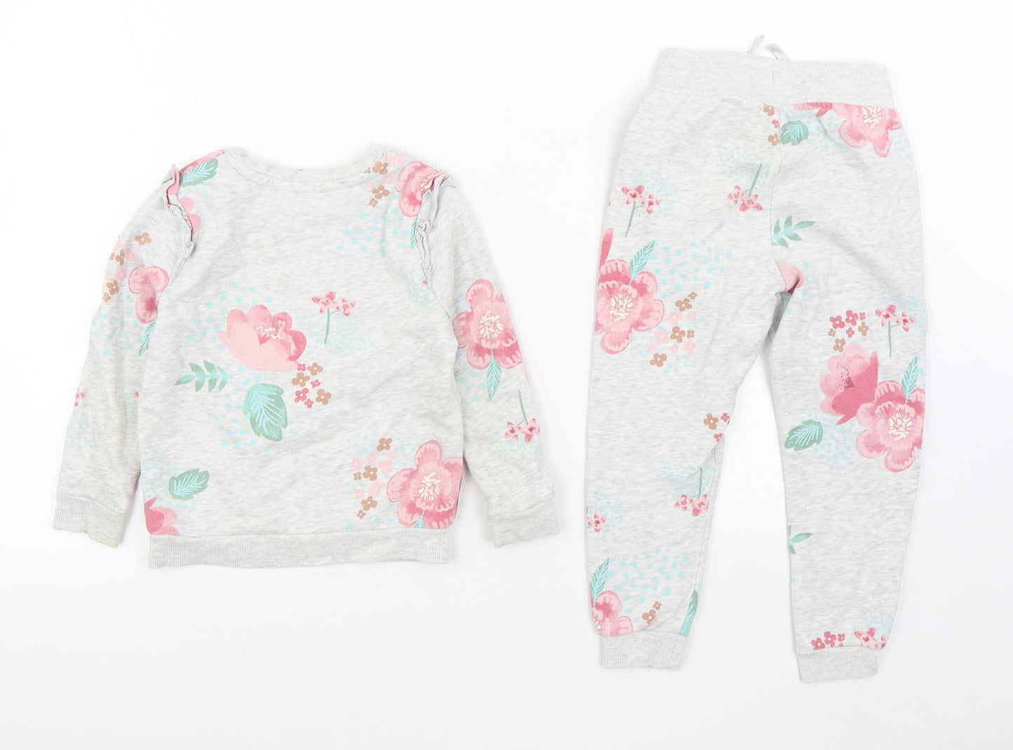 George Girls Grey Floral Cotton Trousers Outfit/Set Size 3-4 Years  Pullover - Sweat Set