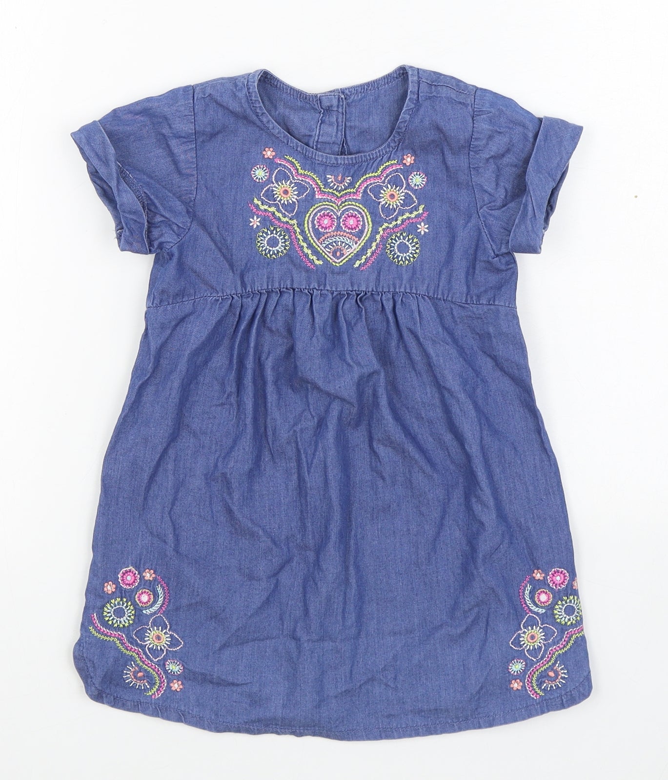 Dunnes Stores Girls Blue  100% Cotton Skater Dress  Size 3-4 Years  Round Neck Button