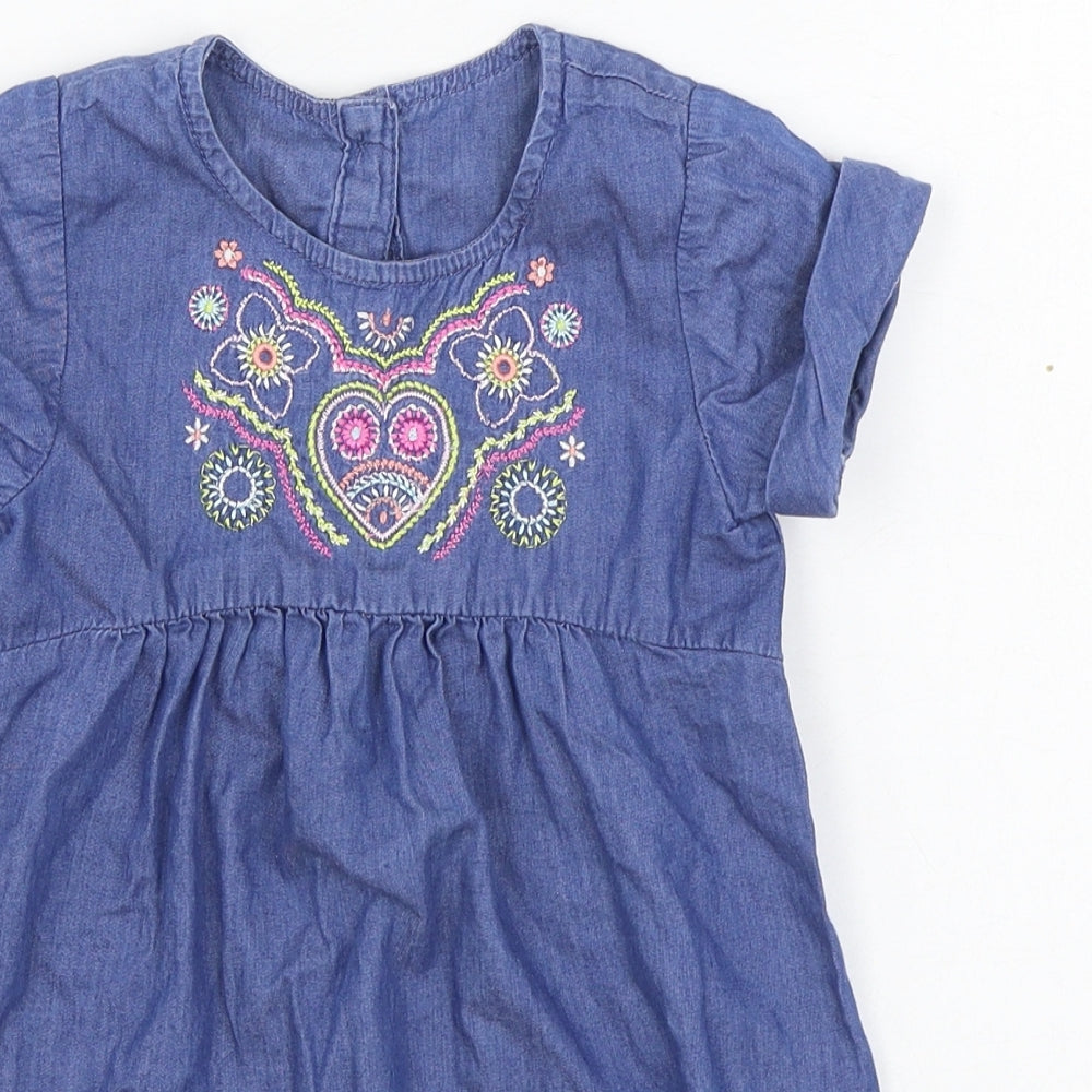Dunnes Stores Girls Blue  100% Cotton Skater Dress  Size 3-4 Years  Round Neck Button